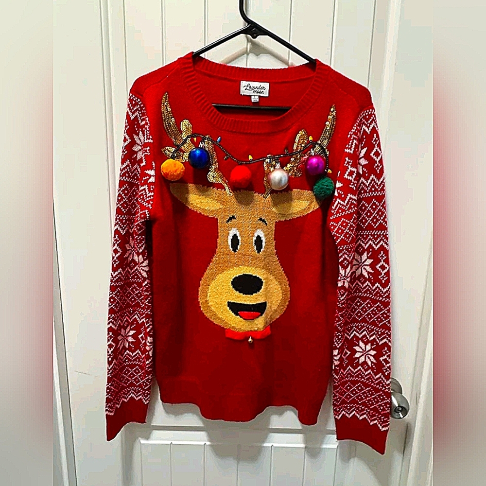 Lavender Moon Christmas Sweater Reindeer Christmas Ornaments Sequin Red Size LG
